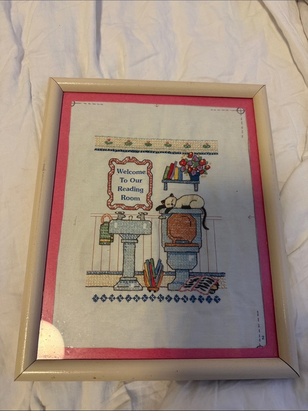 Vintage Framed Cross-Stitch 'Welcome To Our Reading Room' - Pink Trim